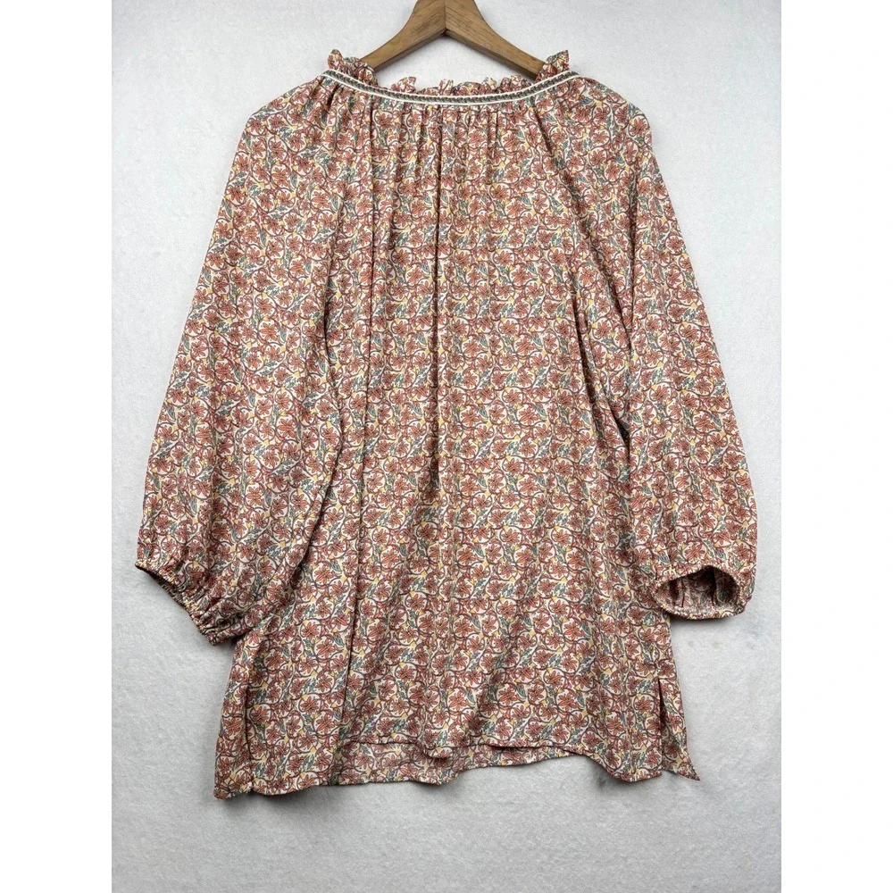 Max Studio Floral Blouse Womens 1X Ruffle Neck Peasant Top Boho Cottagecore - Picture 2 of 7